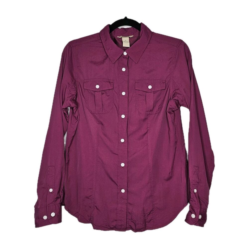 Duluth Women's Burgundy Roll Tab Long Sleeve Button Up Shirt Size Small Contour